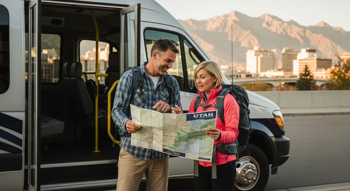 Travellers planning a Utah journey beside a minibus