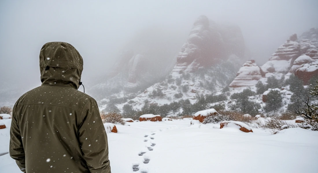 A visitor looking over snowy canyon formations